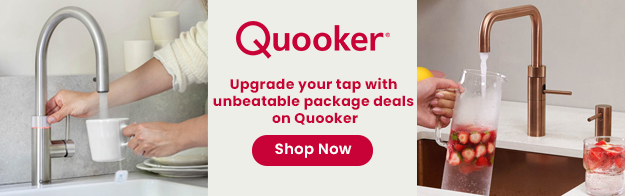 Image of a Quooker tap pouring sparkling water into a glass, and another image of a Quooker tap pouring boiling water into a mug. The text in the centre says 'Boiling, sparkling, chilled? Upgrade your tap with unbeatable package deals on Quooker'.