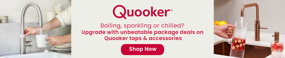 Image of a Quooker tap pouring sparkling water into a glass, and another image of a Quooker tap pouring boiling water into a mug. The text in the centre says 'Boiling, sparkling, chilled? Upgrade your tap with unbeatable package deals on Quooker'.