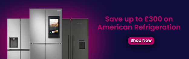 Text says: Save up to £300 on American refrigeration. Featuring a shop now button and 3 images of different fridge freezers.