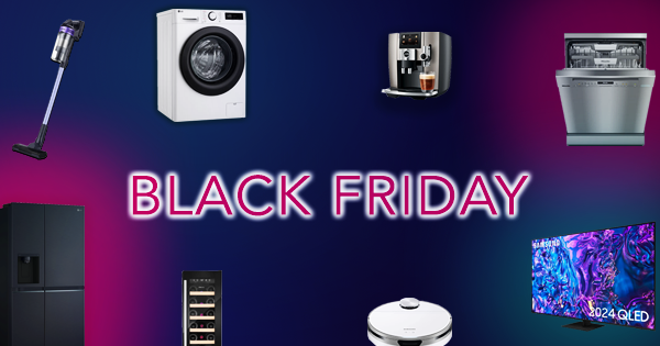 Banner featuring multiple kitchen appliances on a neon blue and pink background. The text says 'Black Friday' 'Shop Now'.