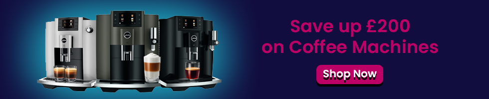 Text says: Save up to £200 on coffee machines. Featuring a shop now button and 3 images of different coffee machines.