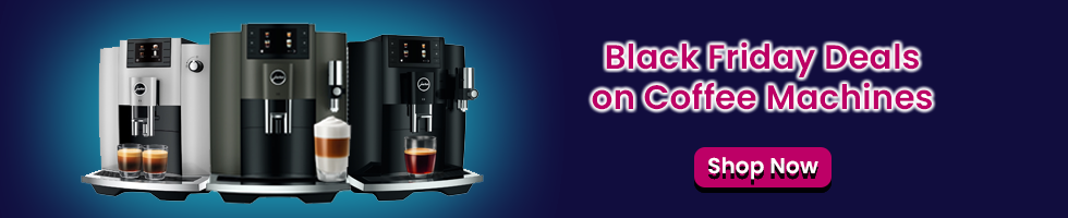 Text says: Black Friday deals on coffee machines. Featuring a shop now button and 3 images of different coffee machines.