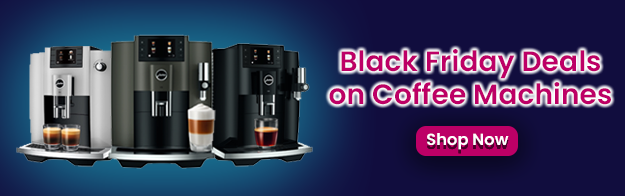 Text says: Black Friday deals on coffee machines. Featuring a shop now button and 3 images of different coffee machines.