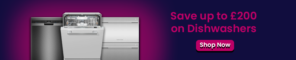 Text says: Save up to £200 on dishwashers. Features a shop now button and images of 3 different dishwashers.