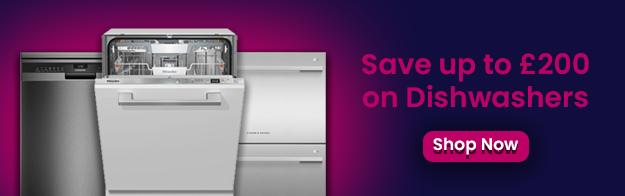 Text says: Save up to £200 on dishwashers. Features a shop now button and images of 3 different dishwashers.