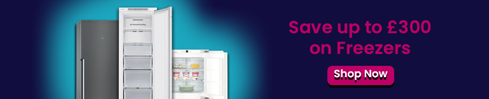 Text says: Save up to £300 on freezers. Features a shop now button and 3 images of different freezers.