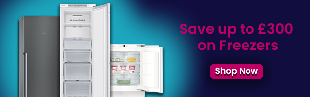 Text says: Save up to £300 on freezers. Features a shop now button and 3 images of different freezers.