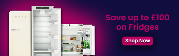 Text says: Save up to £100 on fridges. Features a shop now button and 3 images of different fridges.