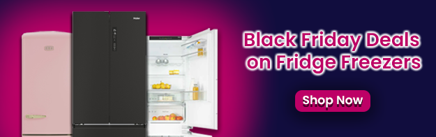 Text says: Black Friday deals on fridge freezers. Featuring a shop now button and 3 images of different fridge freezers.