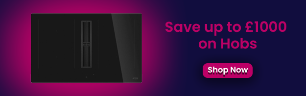 Text says: Save up to £1000 on hobs. Featuring a shop now button and an image of a hob.