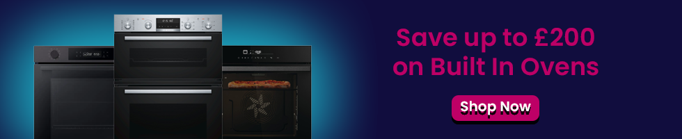 Text says: Save up to £200 on built in ovens. Features shop now button and images of 3 different ovens.