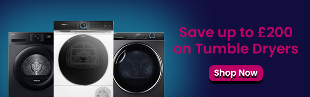 Text says save up to £200 on Tumble Dryers. Features a shop now button and images of 3 different tumble dryers.