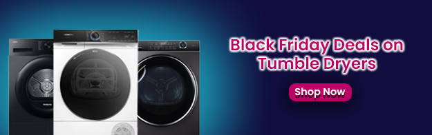 Text says Black Friday deals on Tumble Dryers. Features a shop now button and images of 3 different tumble dryers.