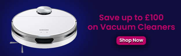 The image says Save up to £100 on vacuum cleaners. Featuring a shop now button and an image of a robot vacuum cleaner.