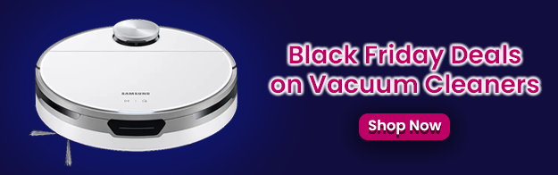 The image says Black Friday deals on vacuum cleaners. Featuring a shop now button and an image of a robot vacuum cleaner.