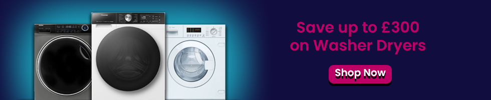 Text says: Save up to £300 on Washer Dryers. Features a shop now button and images of 3 different washer dryers.