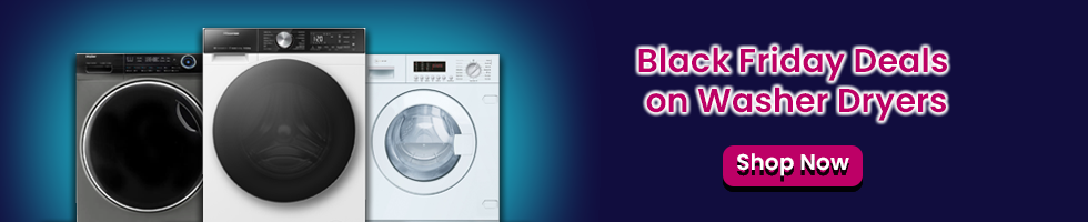 Text says: Black Friday Deals on Washer Dryers. Features a shop now button and images of 3 different washer dryers.