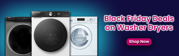 Text says: Black Friday Deals on Washer Dryers. Features a shop now button and images of 3 different washer dryers.