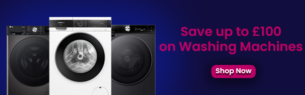 Text says: Save up to £100 on Washing machines. Features a shop now button and images of 3 different washing machines