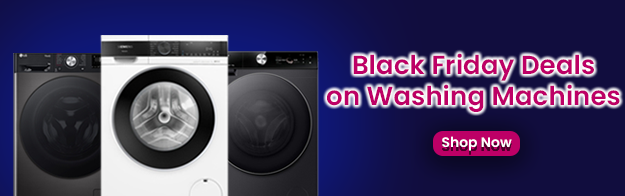 Text says: Black Friday Deals on Washing machines, shop now. Features images of 3 different washing machines