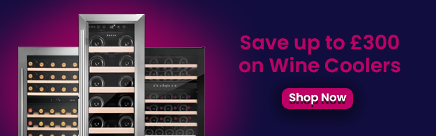 Image text says: Save up to £300 on wine coolers. Featuring a shop now button and 3 images of different wine coolers.