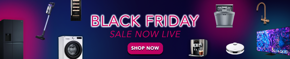 Banner featuring multiple kitchen appliances on a neon blue and pink background. The text says 'Black Friday' 'Shop Now'.