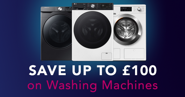 Image of three washing machines with text saying: Save up to £100 on washing machines'