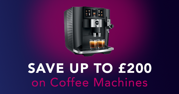 Image of a coffee machine with text saying: Save up to £200 on coffee machines'