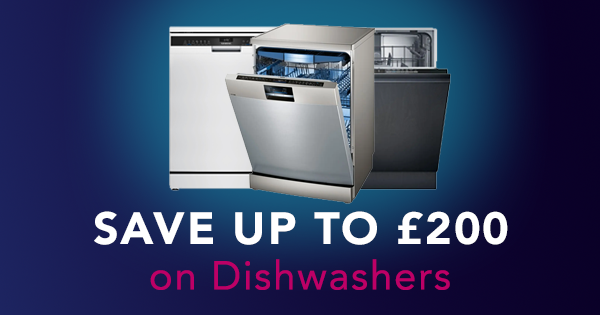 Image of three dishwashers with text saying: Save up to £200 on dishwashers'