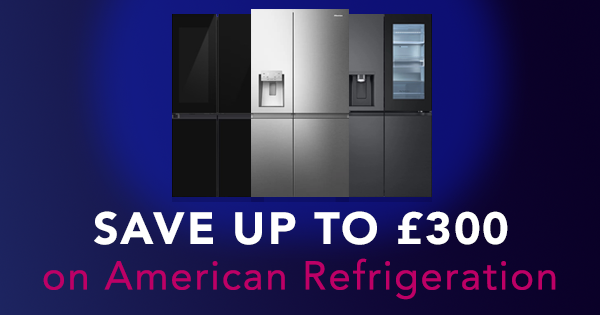 Image of three American style fridge freezers with text saying: Save up to £300 on American refrigeration'