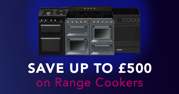 Image of three range cookers with text saying: Save up to £500 on range cookers'