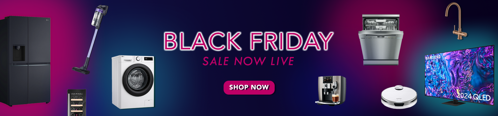 Purple, blue and pink banner featuring multiple floating appliances. Text says 'Black Friday sale now live' Shop Now