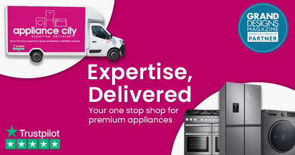 A bright pink image featuring a range cooker, American style fridge freezer and washing machine alongside an Appliance City van. Message says 'Expertise Delivered: Your one stop shop for premium appliances'